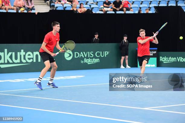 Fabian Marozsan and Mate Valkusz of Hungary seen during the 2022 Davis Cup Qualifying Round match against Luke Saville and John Peers of Australia at...