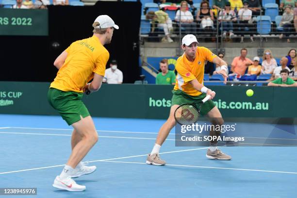 Luke Saville and John Peers seen during the 2022 Davis Cup Qualifying Round match against Mate Valkusz and Fabian Marozsan of Hungary at Ken Rosewell...