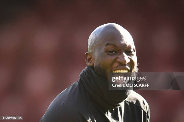 Chelsea's Belgian striker Romelu Lukaku reacts during a warm up prior to the English Premier League football match between Burnley and Chelsea at...