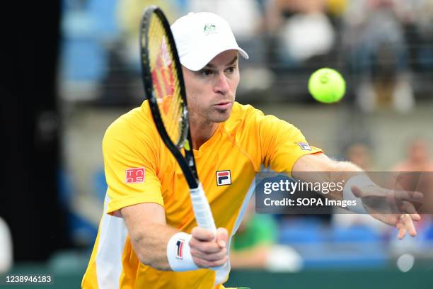 John Peers of Australia seen during the 2022 Davis Cup Qualifying Round Men's Double Match between Luke Saville and John Peers against Mate Valkusz...