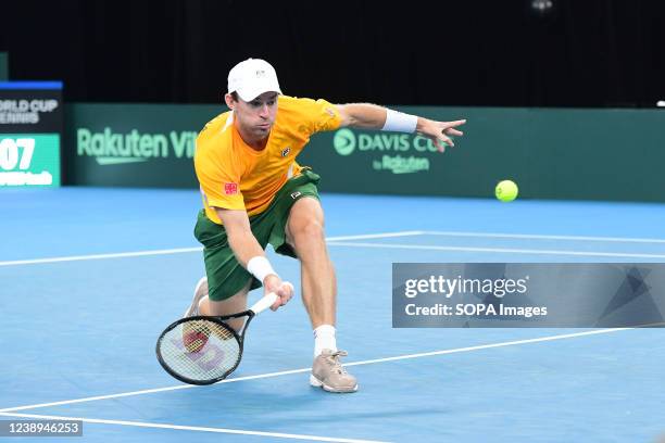 John Peers of Australia seen during the 2022 Davis Cup Qualifying Round Men's Double Match between Luke Saville and John Peers against Mate Valkusz...