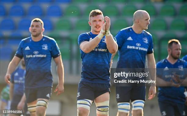 Treviso , Italy - 5 March 2022; Dan Leavy of Leinster, centre, applauds supporters after his side's victory in the United Rugby Championship match...