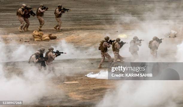 Soldiers from the United Arab Emirates Armed Forces demonstrate their skills during the Union Fortress 8 military demonstration, at the Expo 2020s...