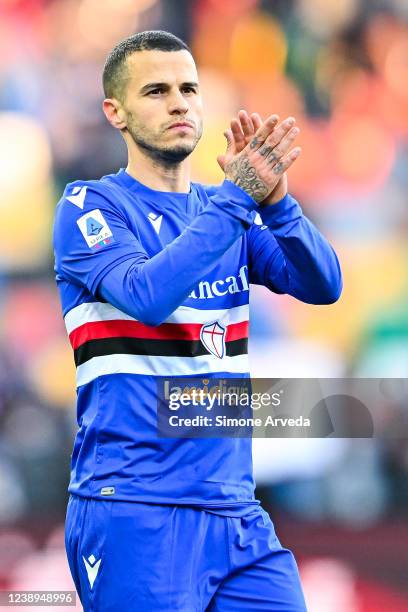 Sebastian Giovinco of Sampdoria greets the crowd after the Serie A match between Udinese Calcio and UC Sampdoria at Dacia Arena on March 5, 2022 in...