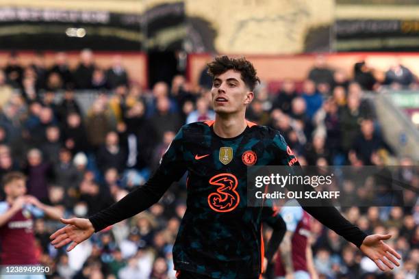 Chelsea's German midfielder Kai Havertz celebrates after scoring the second goal of his team during the English Premier League football match between...