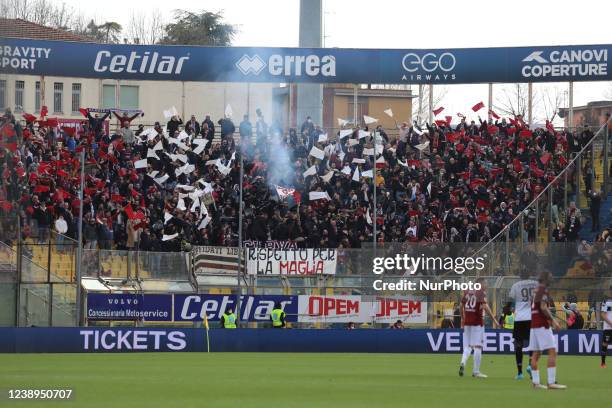 Fans of REGGINA 1914 during the Serie B match between Parma Calcio and Reggina 1914 at Ennio Tardini on March 5, 2022 in Parma, Italy.