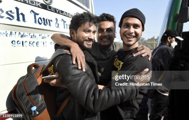 Stranded Indian student reunites with their family upon arrival at Hindon Air Force Station, on March 5, 2022 in Ghaziabad, India. Indian government...