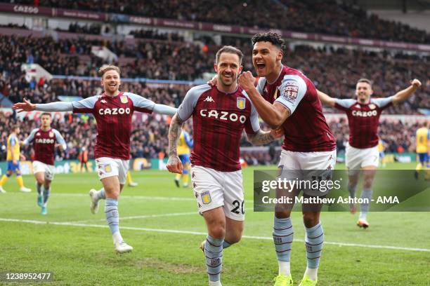 Danny Ings of Aston Villa celebrates after scoring a goal to make it 4-0 with Ollie Watkins during the Premier League match between Aston Villa and...