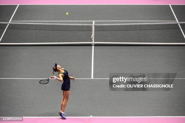 Ukraine's Dayana Yastremska serves the ball to Romanian Sorana Cirstea during the WTA 6eme Sens Open semi-final tennis match in Lyon, on March 5,...