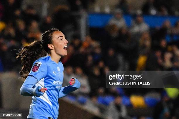 Manchester City's Scottish midfielder Caroline Weir celebrates after scoring a goal during the English Women's League Cup Final football match...