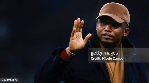 Samuel Eto'o gestures prior to the Serie A football match between FC Internazionale and US Salernitana. FC Internazionale won 5-0 over US Salernitana.