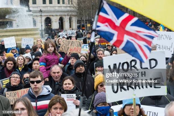 Ukrainian people and their supporters demonstrate in Trafalgar Square calling on the British government to support Ukraine by supplying air defence...