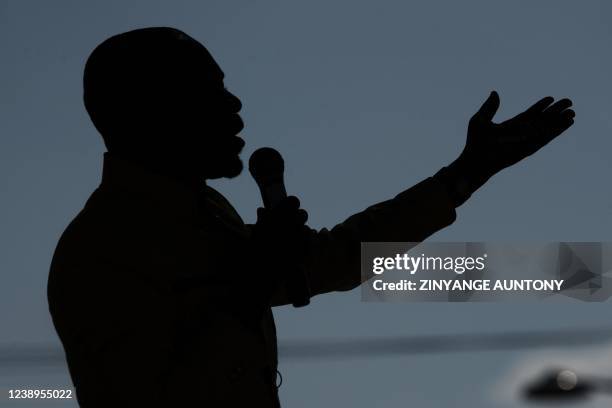 Nelson Chamisa leader of the main opposition Citizens Coalition for Change gestures during an electoral rally at White City Stadium in Bulawayo on...