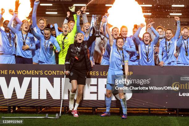 Man City Women celebrate winning the League Cup with the trophy after the FA Women's Continental Tyres League cup final match between Chelsea women...