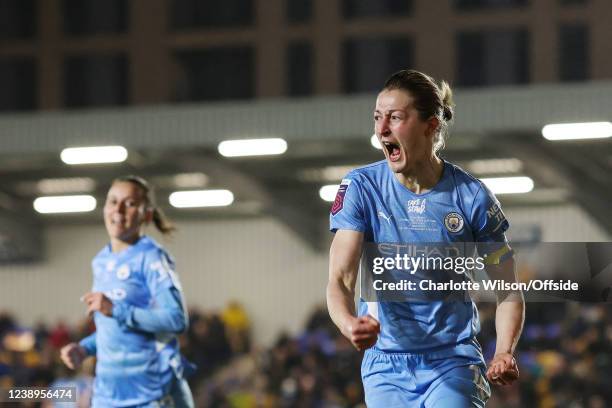 Ellen White of Man City celebrates scoring their 2nd goal during the FA Women's Continental Tyres League cup final match between Chelsea women and...