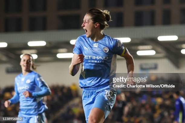 Ellen White of Man City celebrates scoring their 2nd goal during the FA Women's Continental Tyres League cup final match between Chelsea women and...