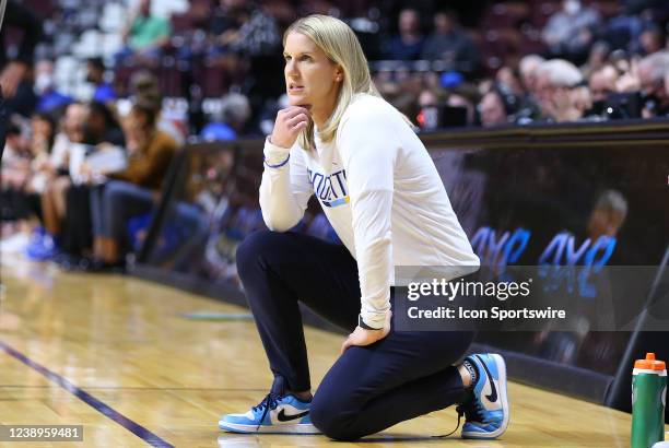 Marquette Golden Eagles head coach Megan Duffy looks on during the Women's Big East Tournament game between Marquette Golden Eagles and Depaul Blue...
