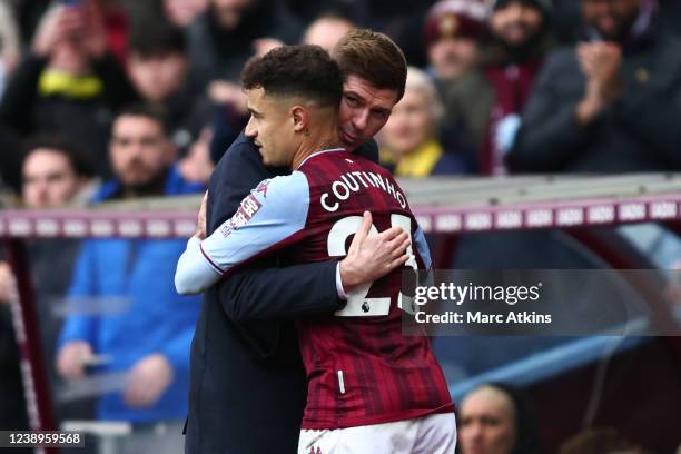 Aston Villa manager Steven Gerrard embraces Philippe Coutinho during the Premier League match between Aston Villa and Southampton at Villa Park on...