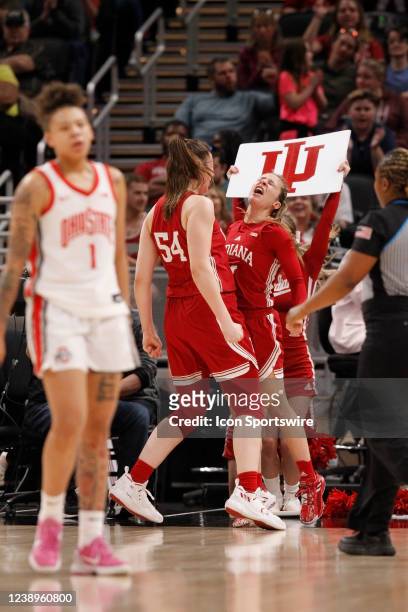 Indiana Hoosiers forward Mackenzie Holmes congratulates Indiana Hoosiers guard Nicole Cardano-Hillary after her made shot late in the fourth quarter...