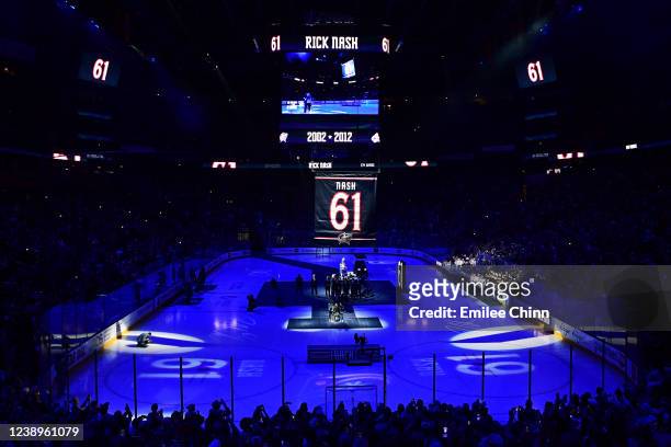 Former Columbus Blue Jackets forward Rick Nash watches as his jersey is raised into the rafters during his jersey retirement night prior to a game...