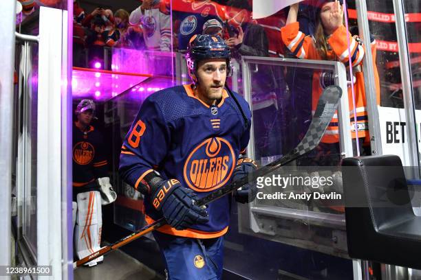 Kyle Turris of the Edmonton Oilers walks to the ice prior to the game against the Montreal Canadiens on March 5, 2022 at Rogers Place in Edmonton,...