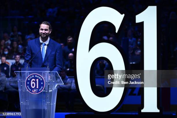 Former Columbus Blue Jackets forward Rick Nash speaks during his jersey retirement night prior to a game against the Boston Bruins at Nationwide...
