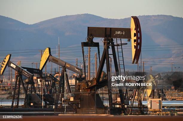 Active pump jacks increase pressure to draw oil toward the surface at the South Belridge Oil Field on February 26 in unincorporated Kern County,...