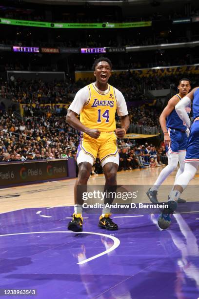 Stanley Johnson of the Los Angeles Lakers reacts to a play during the game against the Golden State Warriors on March 5, 2022 at Crypto.Com Arena in...