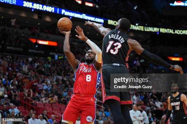 Paul Millsap of the Philadelphia 76ers drives to the basket during the game against the Miami Heat on March 5, 2022 at FTX Arena in Miami, Florida....