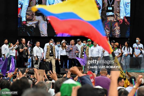 Colombian presidential pre-candidate for the 'Colombia Humana' political party and Historic Pact Coalition, Gustavo Petro, speaks to his supporters...