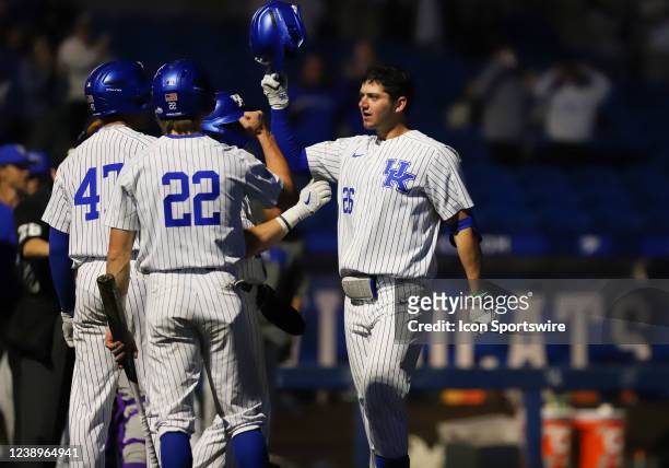 March 05: Kentucky infielder Jake Plastiak celebrates a grand slam in a game between the TCU Horned Frogs and the Kentucky Wildcats on March 05 at...