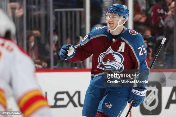 Nathan MacKinnon of the Colorado Avalanche celebrates a goal against the Calgary Flames at Ball Arena on March 05, 2022 in Denver, Colorado.