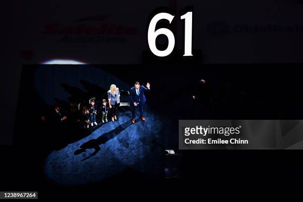 Former Columbus Blue Jackets forward Rick Nash waves to fans during his jersey retirement night prior to a game against the Boston Bruins at...