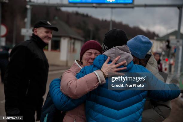 Family reunited at the border in Kroscienko, Poland, on March 5, 2022. More than 1 million refugees flee Ukraine in one week since the Russian...