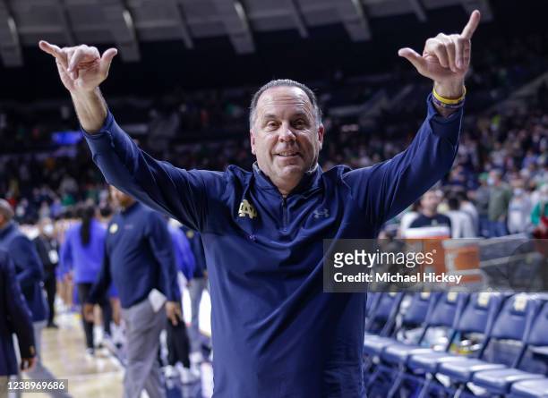 Head coach Mike Brey of the Notre Dame Fighting Irish is seen after the game against the Pittsburgh Panthers at Purcell Pavilion on March 5, 2022 in...