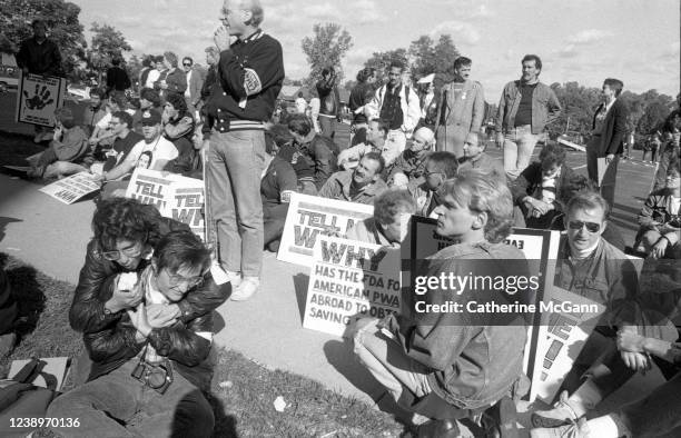 Activist group ACT UP protest at the headquarters of the Food and Drug Administration on October 11, 1988 in Rockville, Maryland. The action, called...