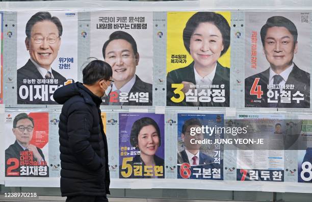 Man walks past posters of South Korea's presidential candidates in Seoul on March 6 ahead of the March 9 presidential election.