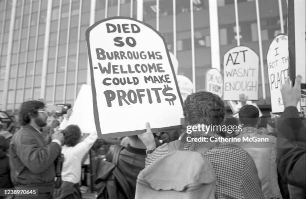 Activist group ACT UP protest at the headquarters of the Food and Drug Administration on October 11, 1988 in Rockville, Maryland. The action, called...