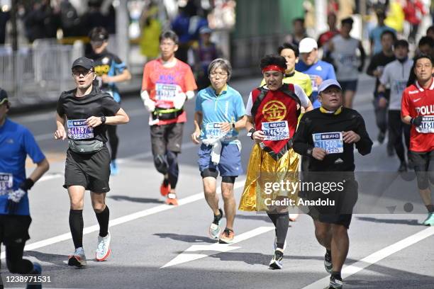 Man participant competes with costume during the Tokyo Marathon 2021 at the streets of Tokyo, Japan on March 6, 2022. Due to COVID-19, the Tokyo...