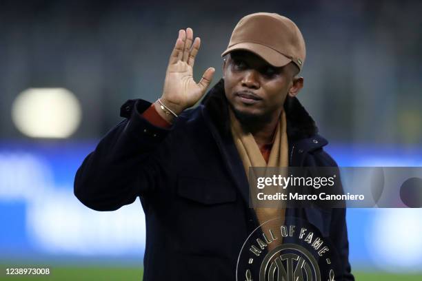 Former player of Fc Internazionale Samuel Eto, looks on during the Serie A match between Fc Internazionale and Us Salernitana. Fc Internazionale wins...