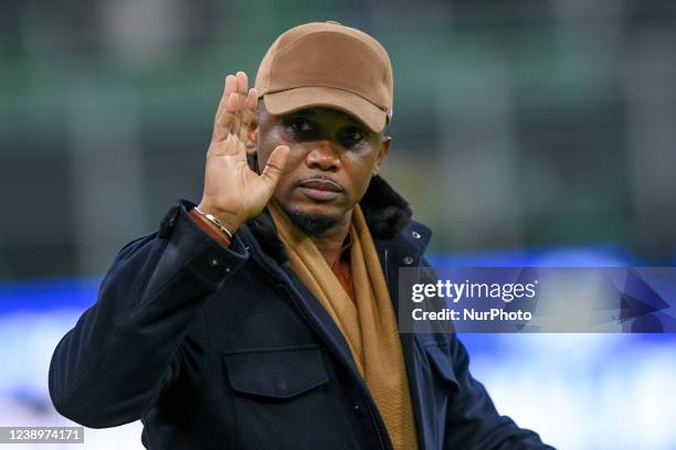 Former FC Internazionale player Samuel Etoo gestures during the Serie A match between FC Internazionale and US Salernitana 1919 at Stadio Giuseppe...