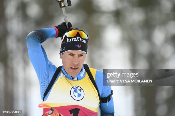 Quentin Fillon Maillet of France competes during the Men's Pursuit 12,5km competition of the IBU World Cup Biathlon event in Kontiolahti, Finland on...