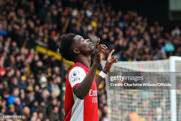 Bukayo Saka of Arsenal celebrates scoring their 2nd goal during the Premier League match between Watford and Arsenal at Vicarage Road on March 6,...