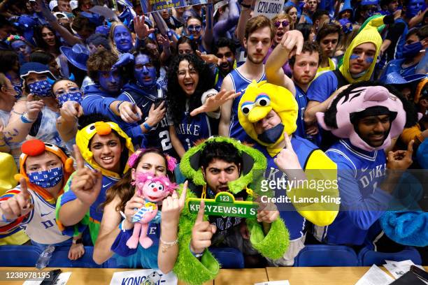 Cameron Crazies and fans of the Duke Blue Devils pose for a photo prior to the game against North Carolina Tar Heels at Cameron Indoor Stadium on...