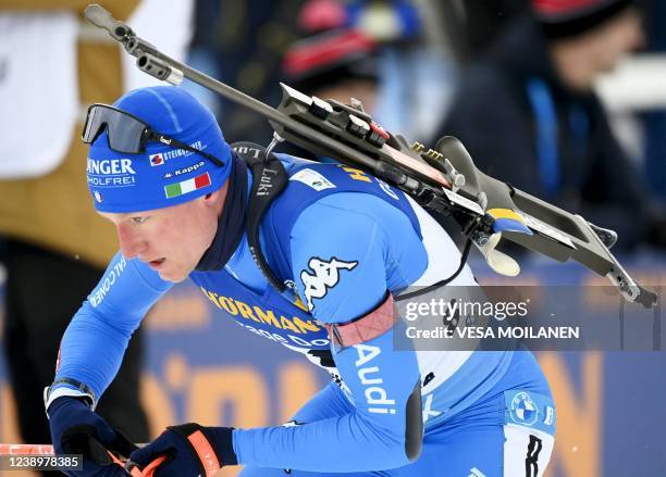 Lukas Hofer of Italy competes during the Men's Pursuit 12,5km competition of the IBU World Cup Biathlon event in Kontiolahti, Finland on March 6,...