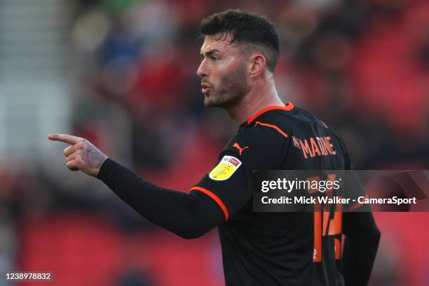 Blackpool's Gary Madine during the Sky Bet Championship match between Stoke City and Blackpool at Bet365 Stadium on March 5, 2022 in Stoke on Trent,...