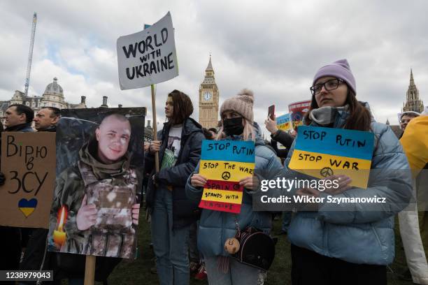 Ukrainian people and their supporters demonstrate in Parliament Square calling on the British government to support Ukraine by supplying air defence...