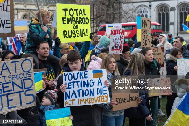 Ukrainian people and their supporters demonstrate in Parliament Square calling on the British government to support Ukraine by supplying air defence...