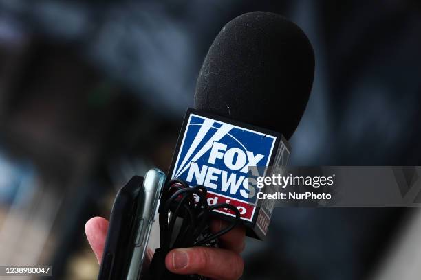 Fox News logo is seen on a reporter's microphone in Przemysl, Poland on March 5, 2022.