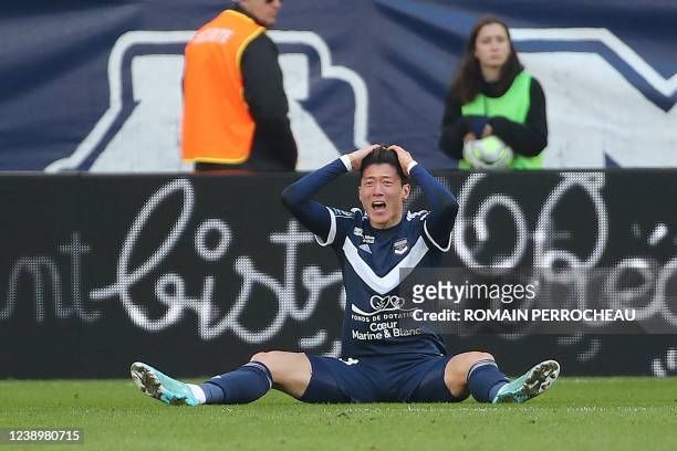 Bordeaux' South Korean forward Ui-jo Hwang reacts during the French L1 football match between Girondins de Bordeaux and ES Troyes AC at the Matmut...